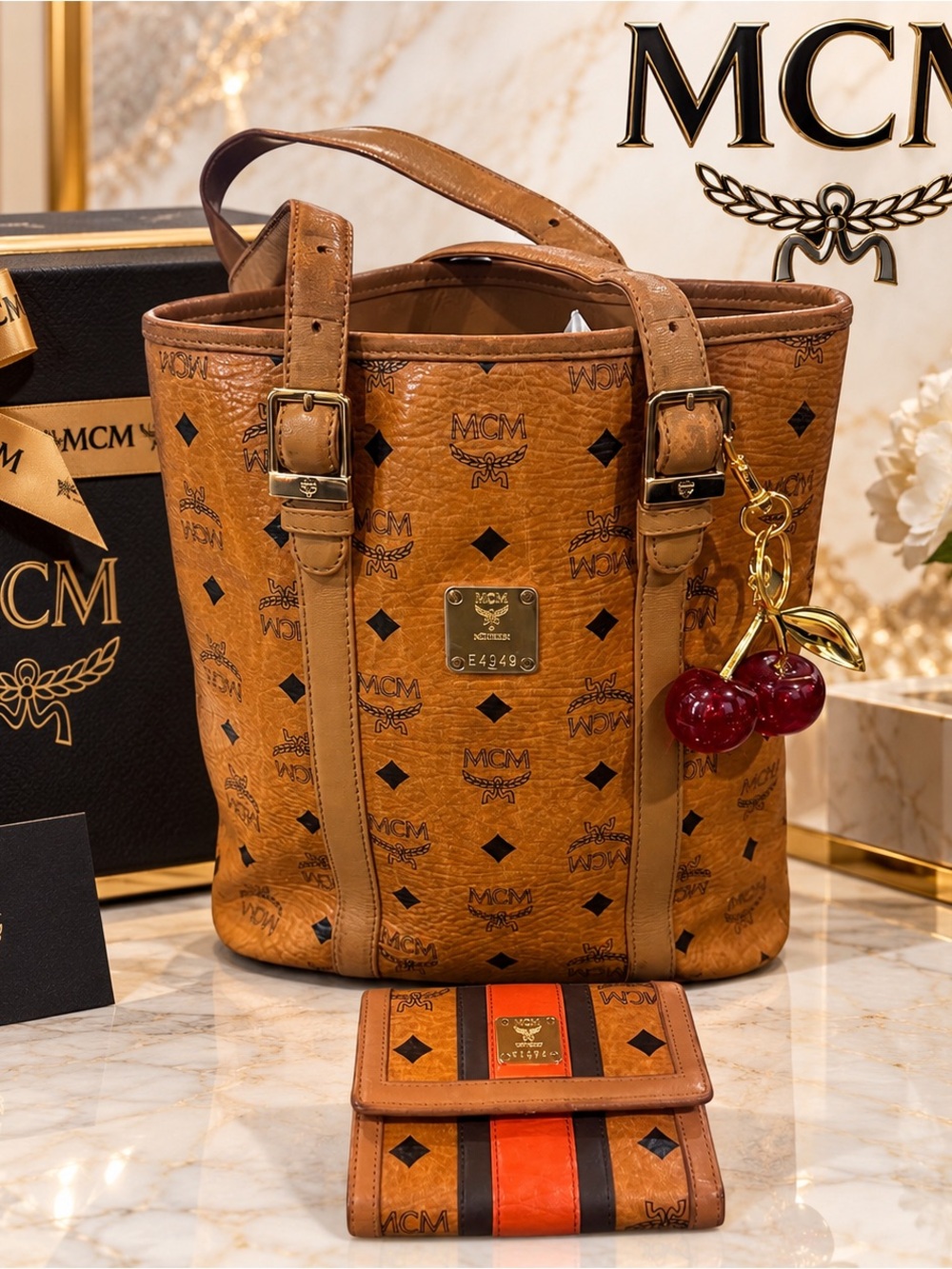 Autentic MCM Cognac Visetos Bucket Tote with free key chain and MCM wallet